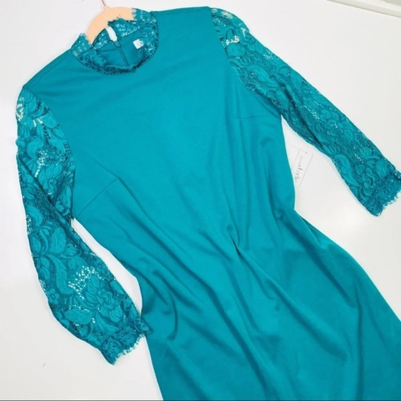 Charming Charlie Teal Aqua Lace Sleeve Shift Dress‎ Size Small - Picture 3 of 8